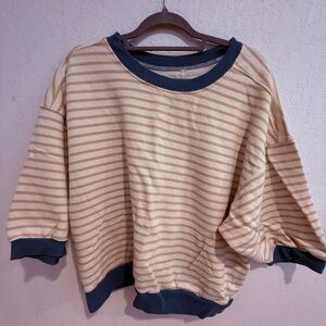 Anthropologie Pilcro Short Sleeve Top Cream and Mustard Yellow. Teal Trim.